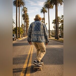 Profound Aesthetic Blue Bandana Paisley Trucker Denim Jacket Men Size Medium
